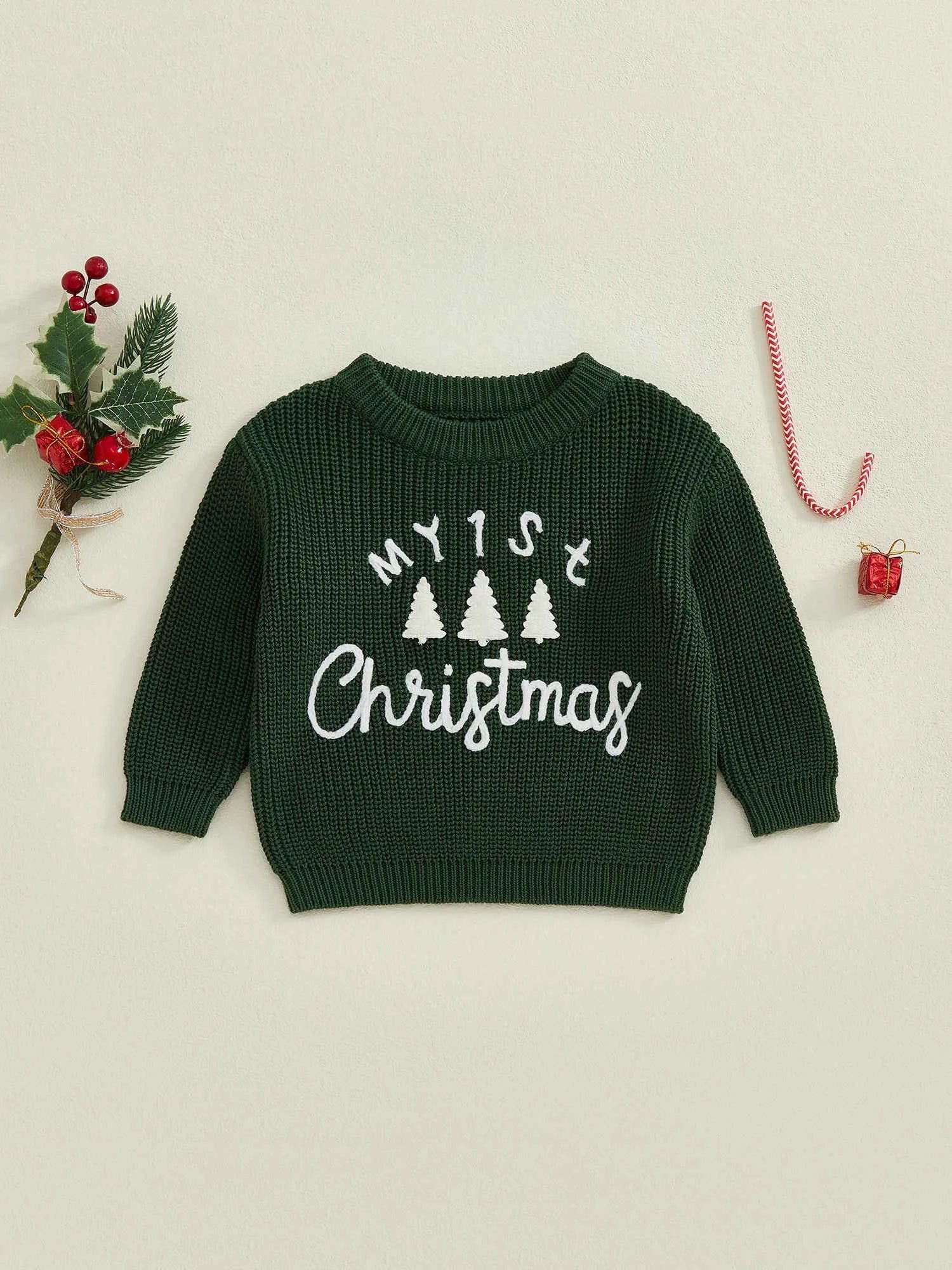 Toddler Baby Christmas Sweater – Long Sleeve Round Neck Letter & Tree Embroidered Top
