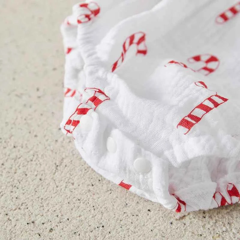 Baby Christmas Romper Set – Smocked Candy Cane Print Long Sleeve Bodysuit with Headband (2Pcs)