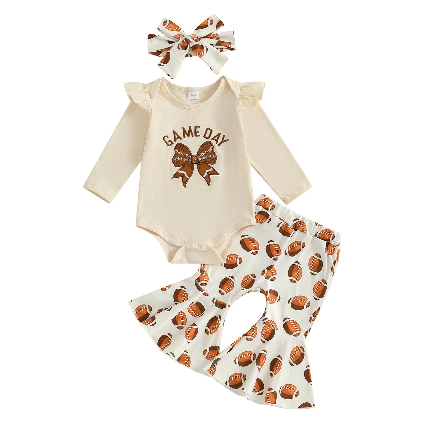 Baby Girls Fall Outfit – Football Print Long Sleeve Romper with Flared Pants and Headband 3-Piece Set