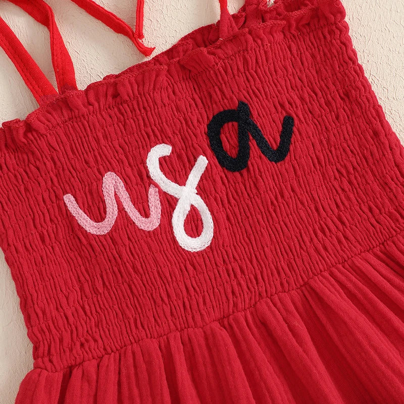 Girls 4th of July Smocked Dress – Sleeveless Tie Shoulder Toddler A-Line Patriotic Outfit