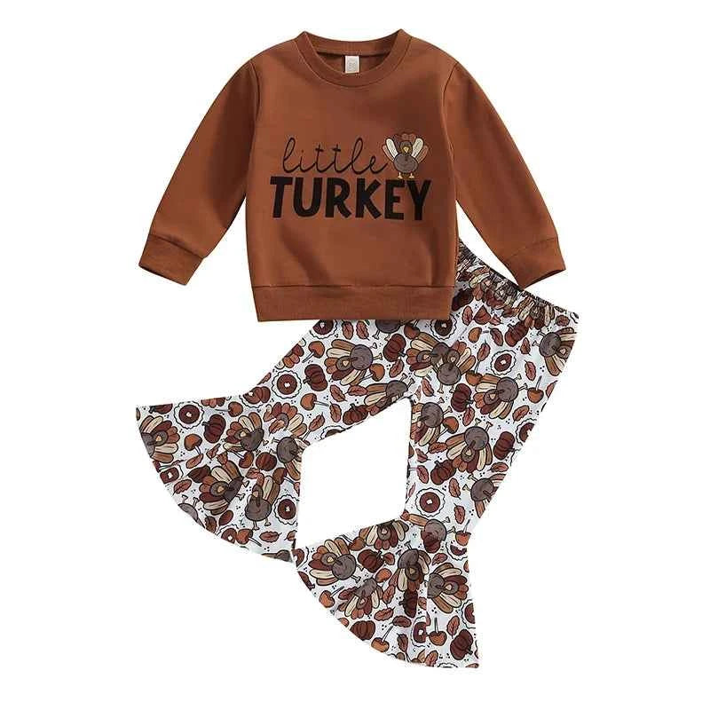 Thanksgiving Outfit for Girls – Long Sleeve Turkey Sweatshirt and Flare Pants Set (0–5 Years - 2Pcs Set)