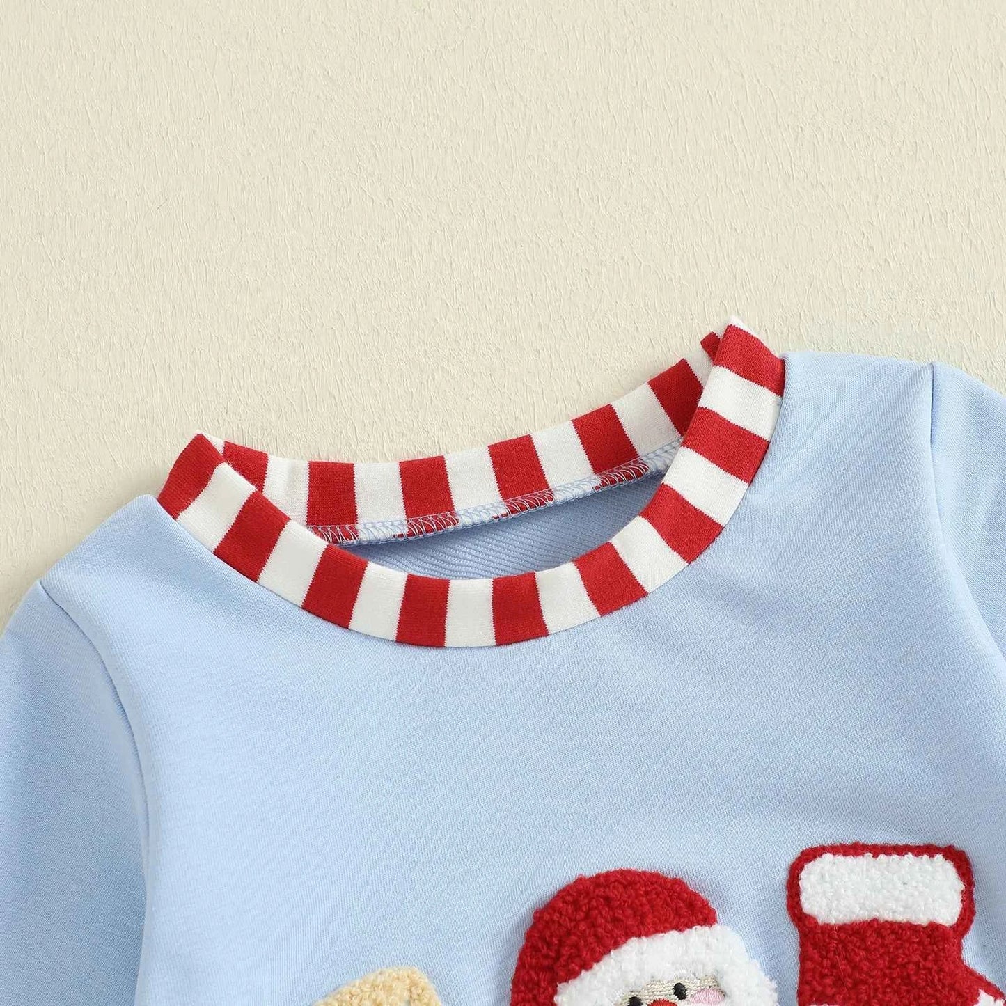 Baby Christmas Romper – Santa Embroidery Striped Long Sleeve Crew Neck Full-Length Jumpsuit