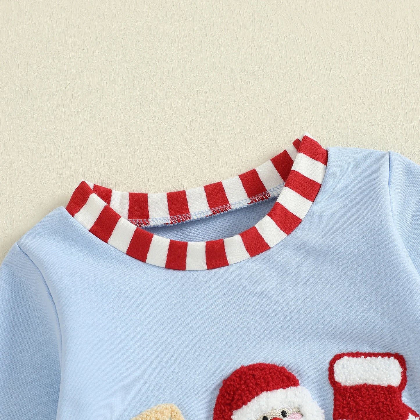 Baby Christmas Romper – Santa Embroidery Striped Long Sleeve Crew Neck Full-Length Jumpsuit