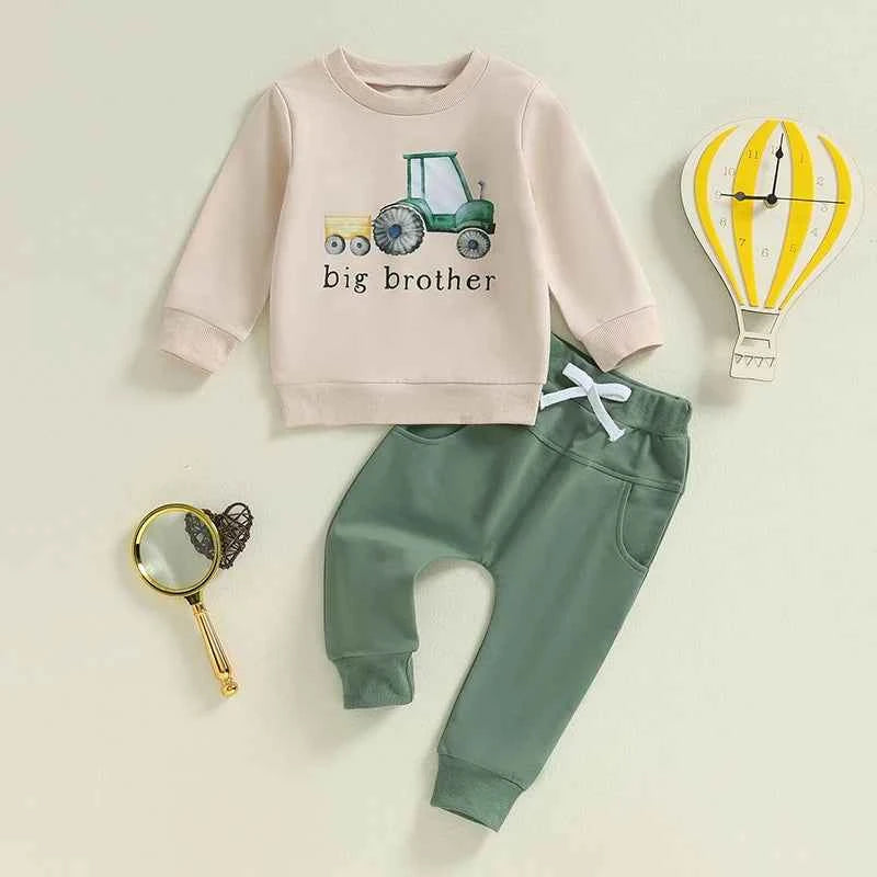 Boys 2PCS Outfit Set – Long Sleeve Letter Tractor Print Top and Solid Pants