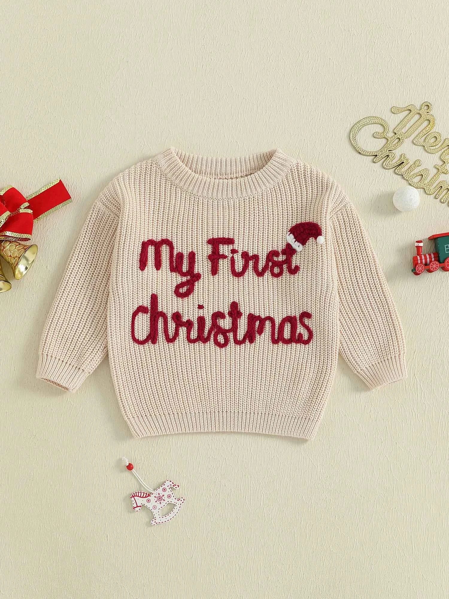 Baby Christmas Knit Sweater – Letter Embroidery Long Sleeve Pullover Top