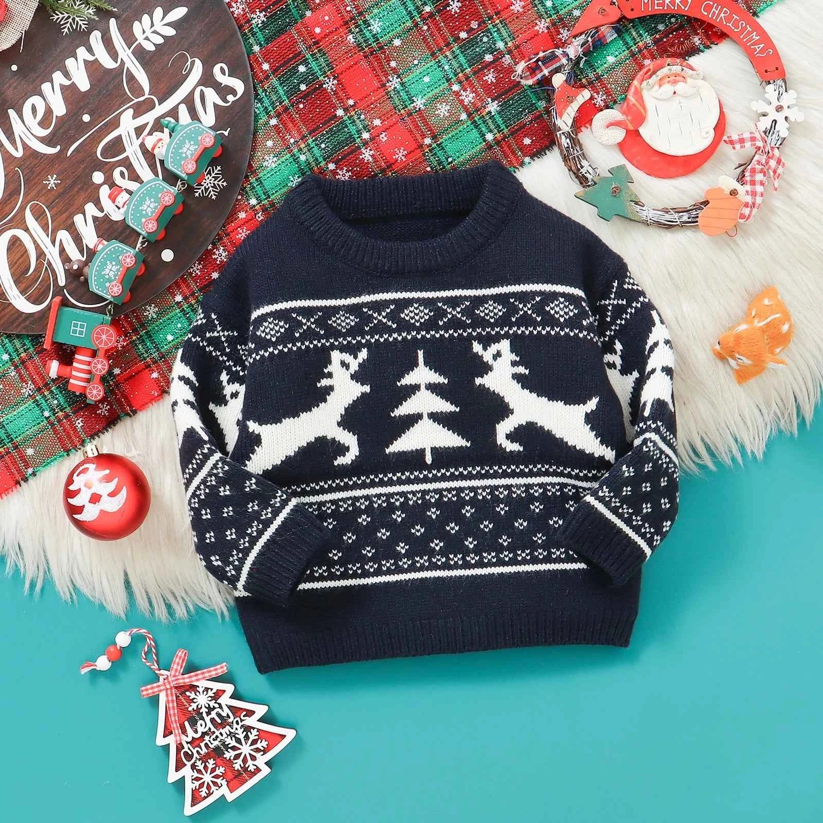 Kids Christmas Sweater – Long Sleeve Crew Neck Santa Claus & Elk Winter Sweater