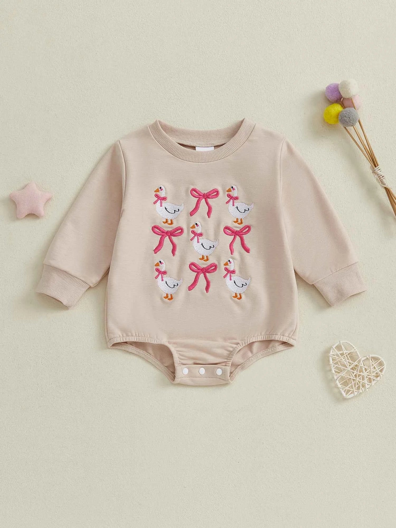 Girl Goose and Bow Embroidered Romper – Long Sleeve Crewneck Sweatshirt Bodysuit