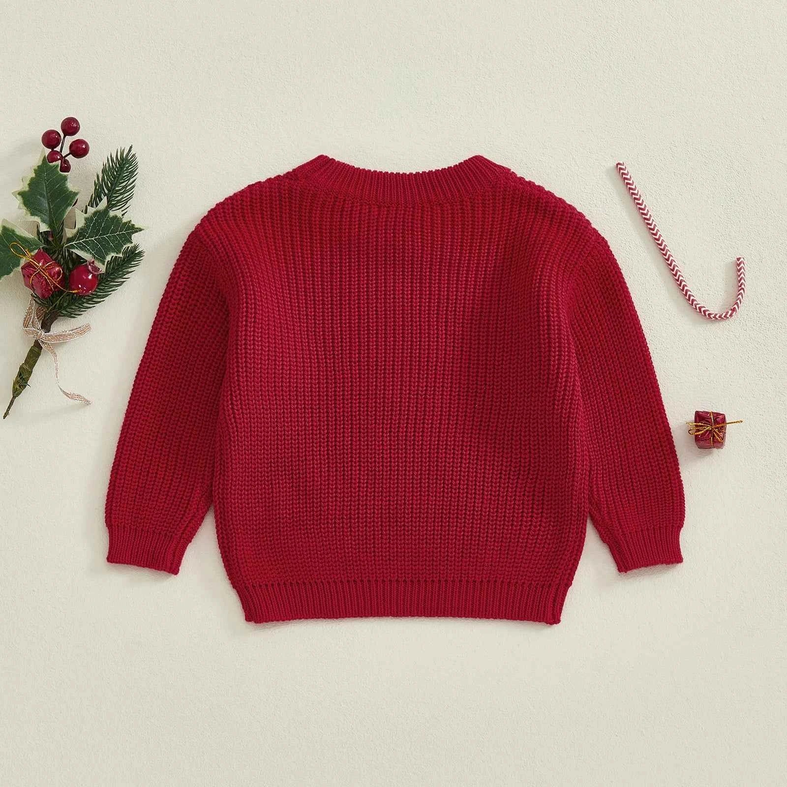 Toddler Baby Christmas Sweater – Long Sleeve Round Neck Letter & Tree Embroidered Top