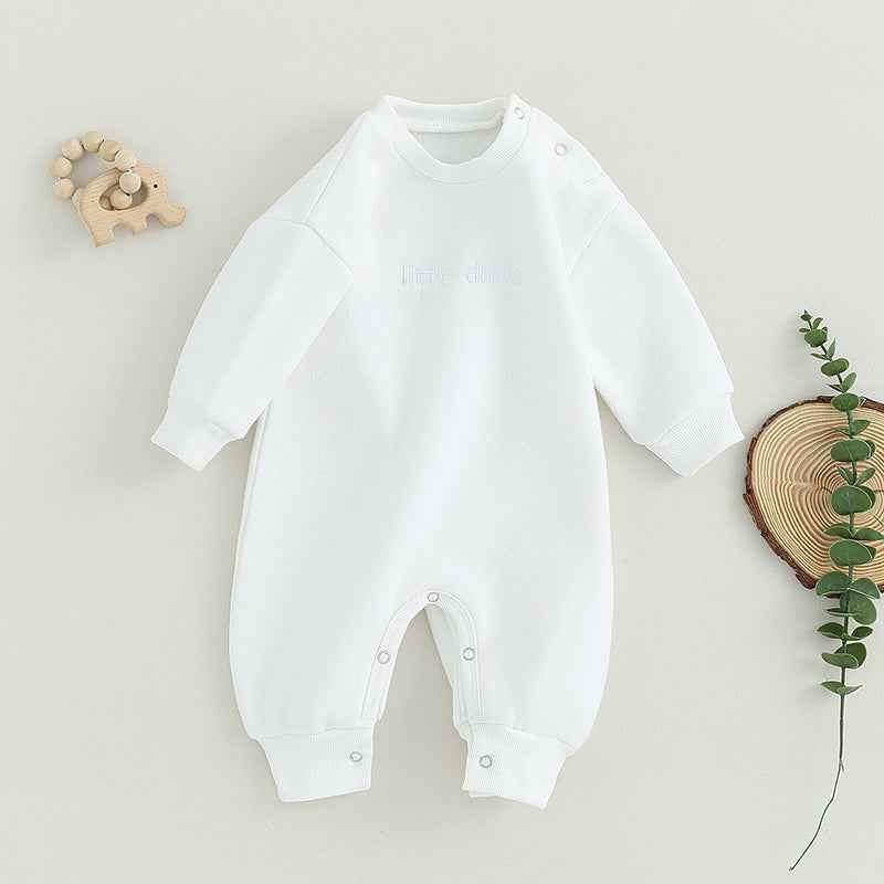 Baby Letter Embroidered "Little Dude" Jumpsuit – Long Sleeve Footless Romper (0–18M)