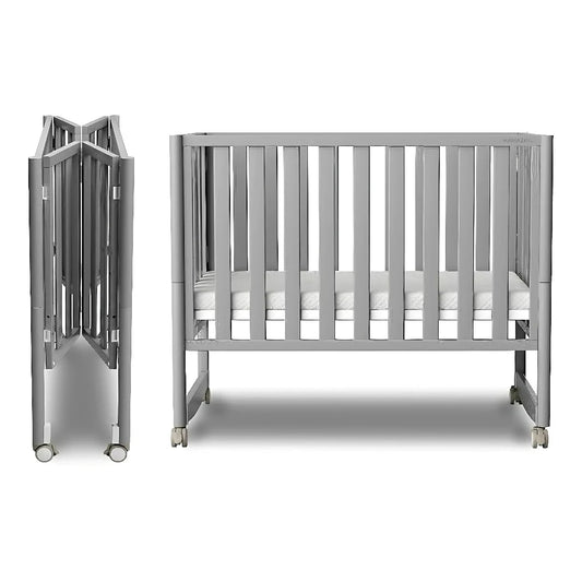 6-in-1 Convertible Mini Crib with Wheels – Foldable, Adjustable Height, Portable Baby Crib (Grey, New Zealand Pine)