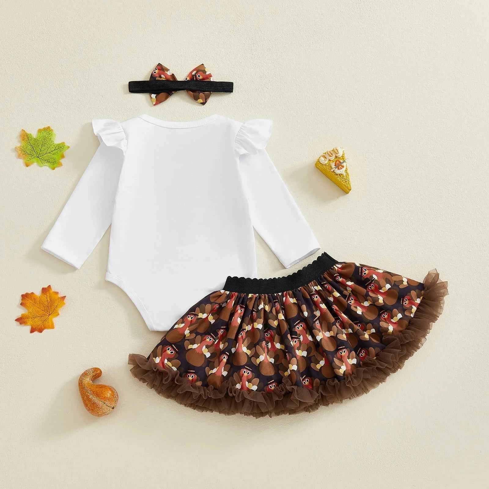 Baby Girl Thanksgiving Outfit 3Pcs Set – Long Sleeve Letter Romper, Turkey Print Skirt & Bow Headband