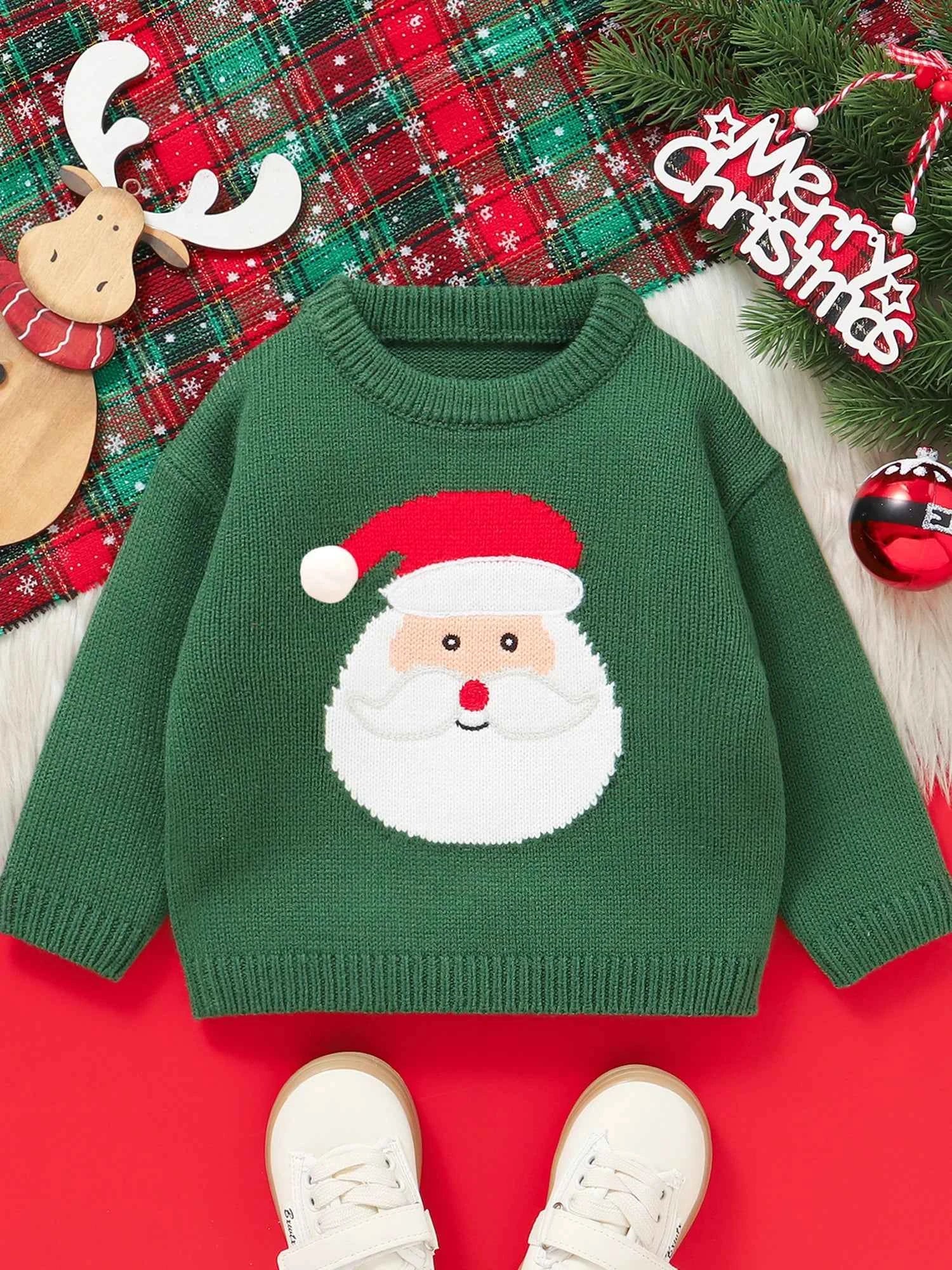 Kids Christmas Sweater – Long Sleeve Crew Neck Santa Claus & Elk Winter Sweater