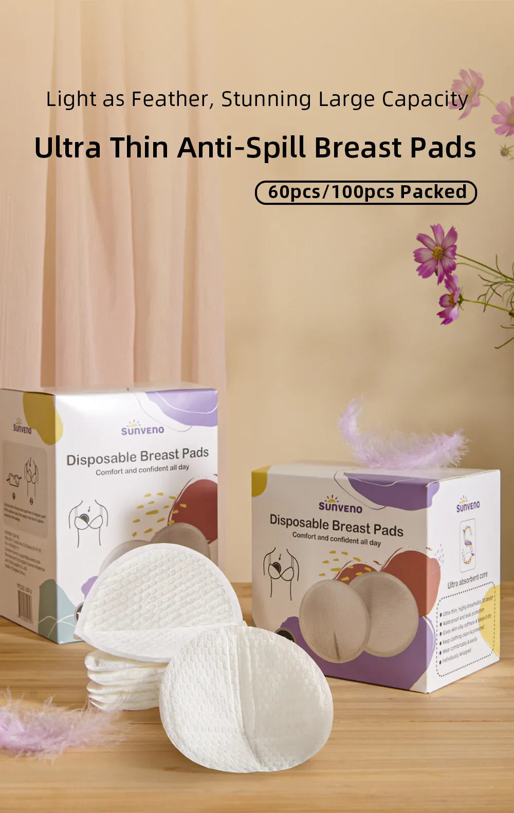 Disposable Nursing Pads – Thin, Absorbent Breast Pads for Breastfeeding Moms by SUNVENO 60/100pcs