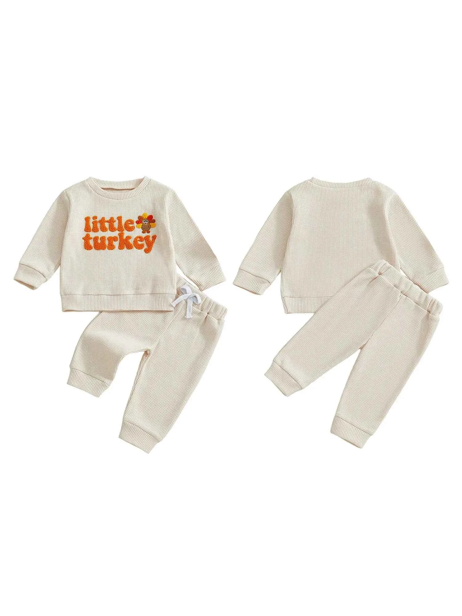 Thanksgiving Outfit – Turkey Letter Embroidery Pullover & Elastic Waist Waffle Pants  (2Pcs Set )
