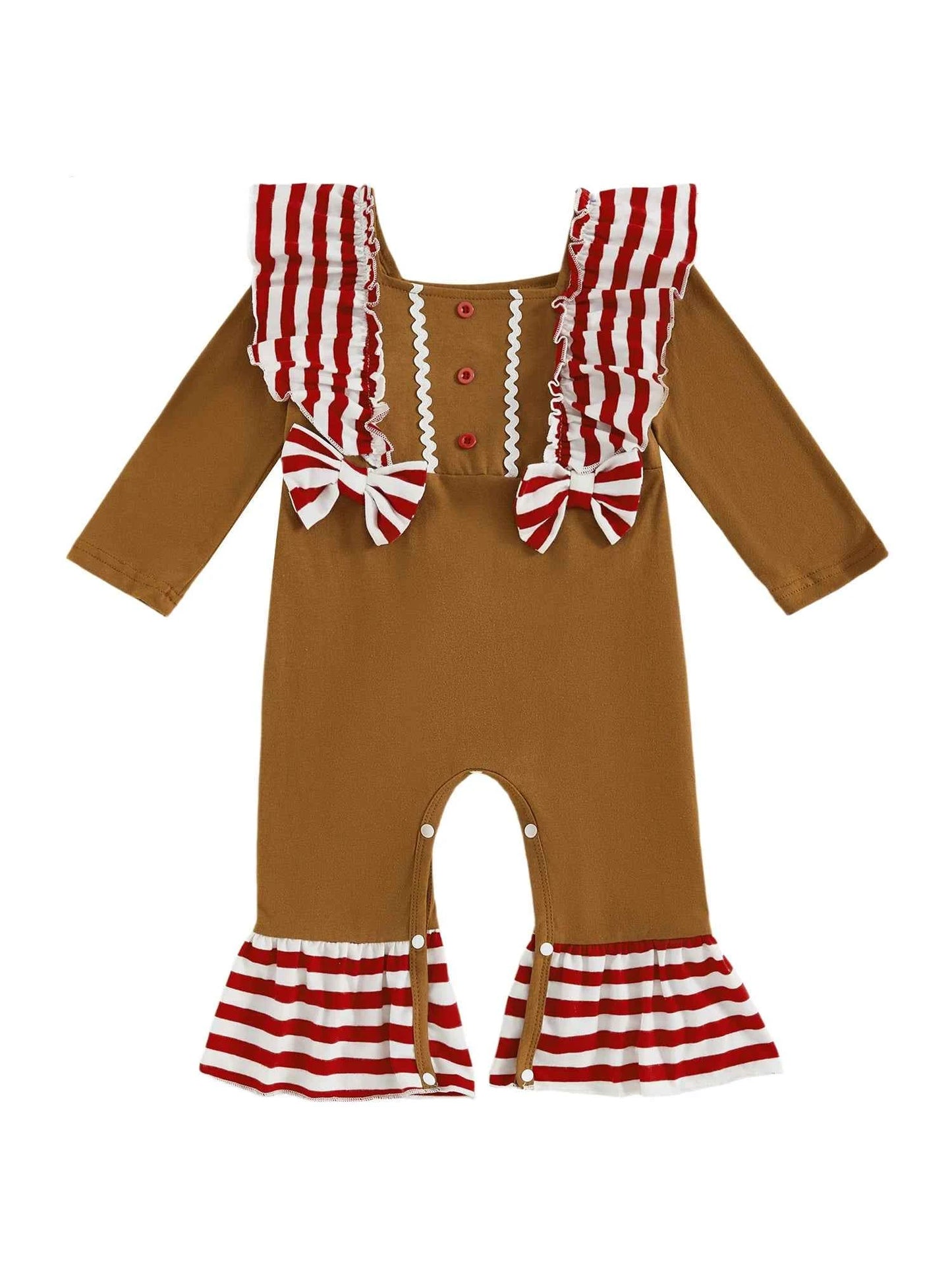 Baby Gingerbread Outfit – Striped Ruffled Long Sleeve Christmas Romper with Flared Pants for Girls