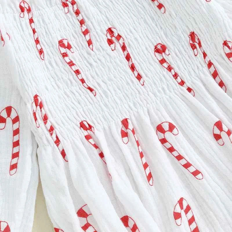 Baby Christmas Romper Set – Smocked Candy Cane Print Long Sleeve Bodysuit with Headband (2Pcs)