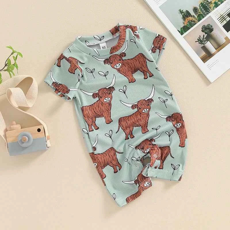 0–18M Baby Boys and Girls Western Jumpsuit, Short Sleeve Crew Neck Cow Print Summer Romper Casual Baby Outfit