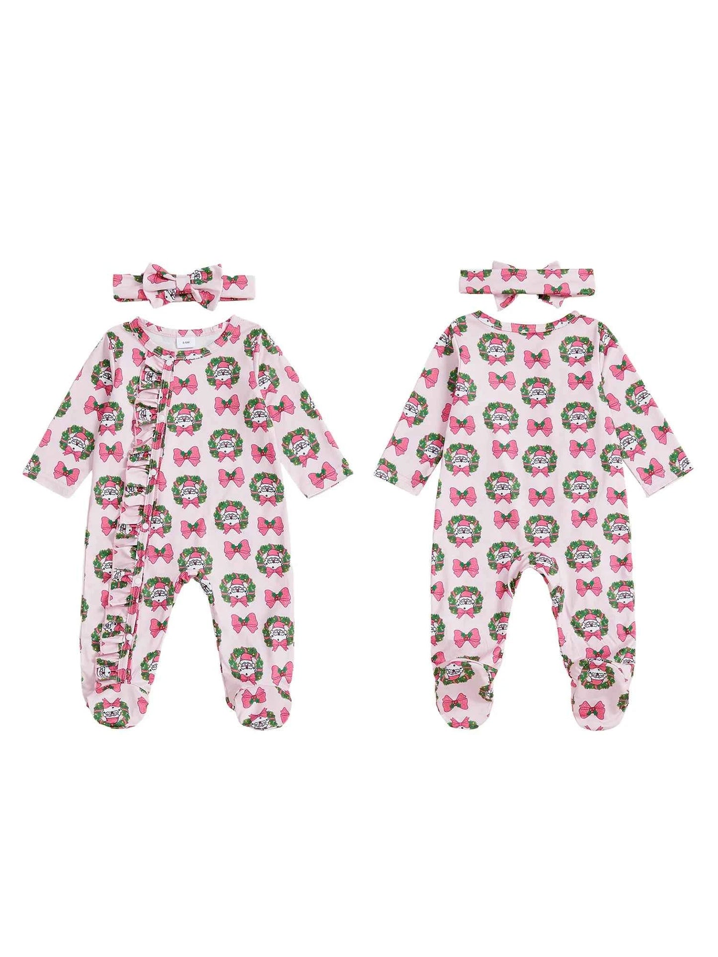 Christmas Outfit – Santa Claus Bow Print Long Sleeve Footed Romper with Matching Headband Set