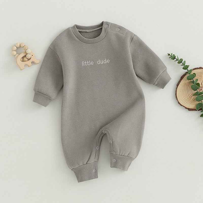 Baby Letter Embroidered "Little Dude" Jumpsuit – Long Sleeve Footless Romper (0–18M)
