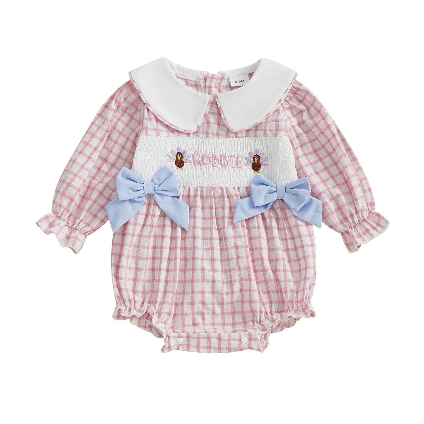 Thanksgiving Baby Girl Romper – Long Sleeve Doll Collar with Turkey Embroidery and Plaid Design