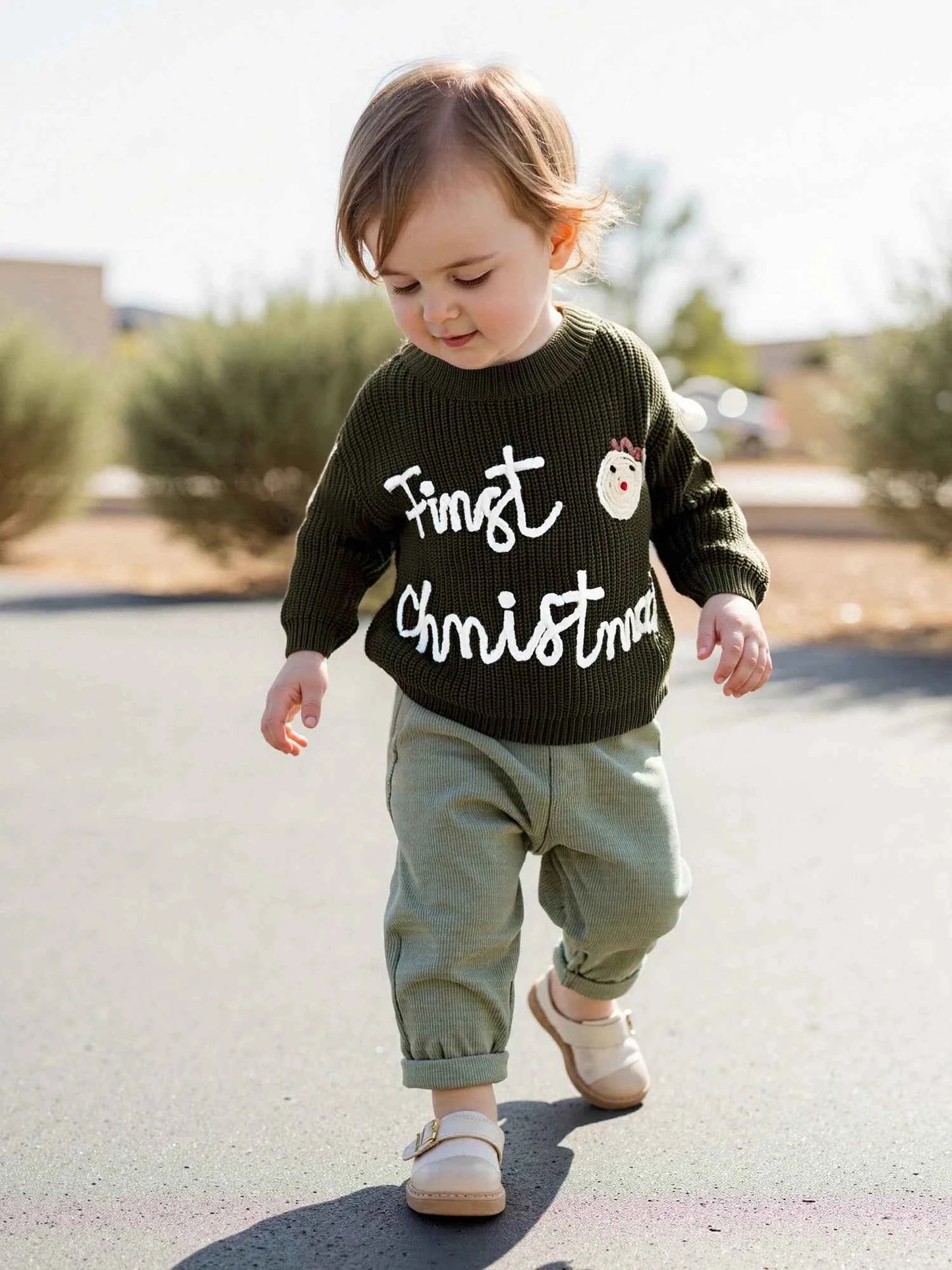 Infant Christmas Sweater – Long Sleeve Crew Neck Elk Letter Knit Pullover for Winter