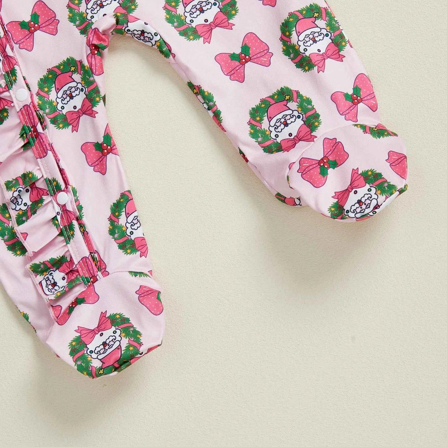 Christmas Outfit – Santa Claus Bow Print Long Sleeve Footed Romper with Matching Headband Set