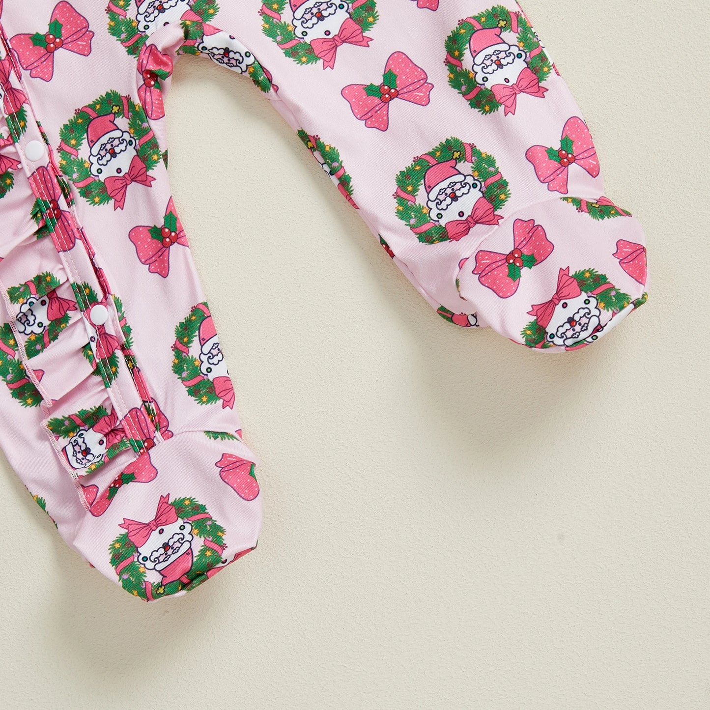 Christmas Outfit – Santa Claus Bow Print Long Sleeve Footed Romper with Matching Headband Set