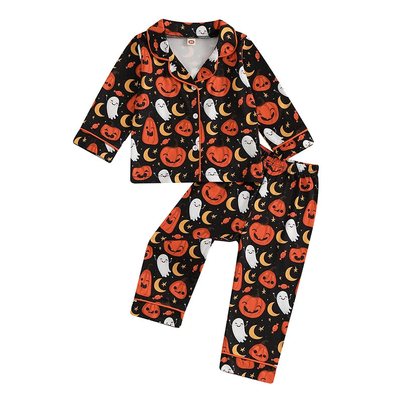 Kids Halloween Pajama Set – Pumpkin Ghost Print Button-Up Top and Pants (1–5T)