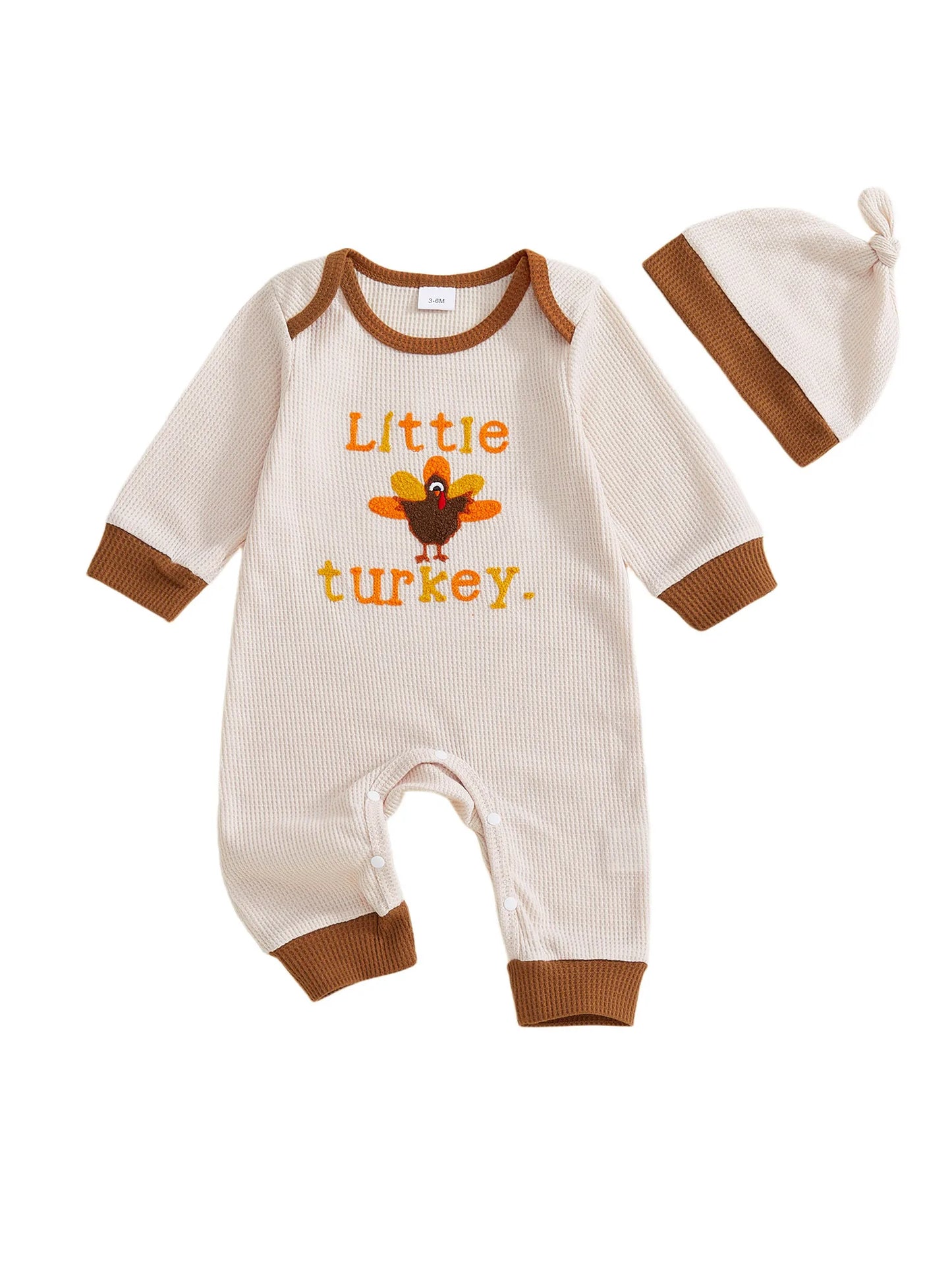 Thanksgiving Jumpsuit – Long Sleeve Round Neck Romper with Turkey Embroidery and Hat