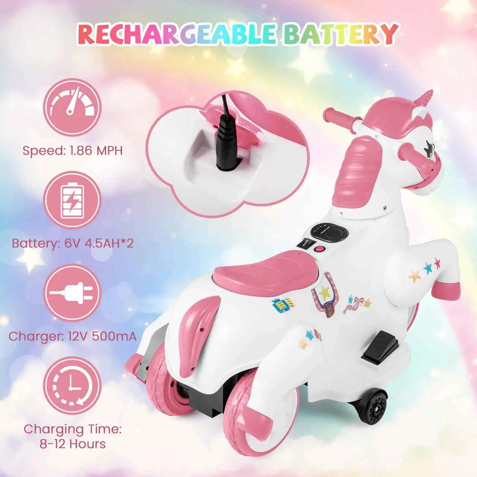 12V Kids Ride-On Unicorn Toy with Training Wheels, Music, and One-Button Start