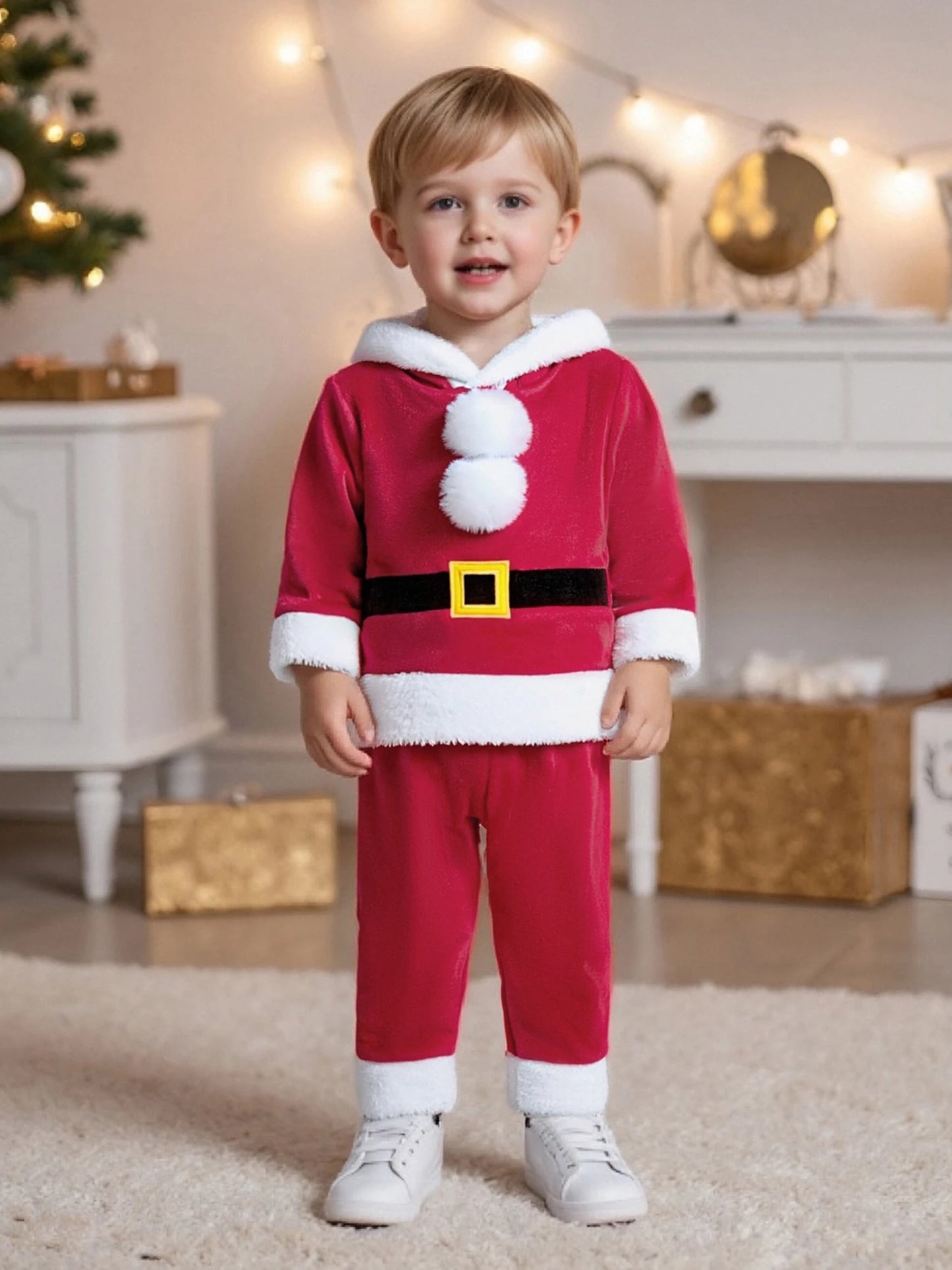 Baby Santa Claus Outfit – Long Sleeve Hooded Sweatshirt with Pants Christmas Costume Set