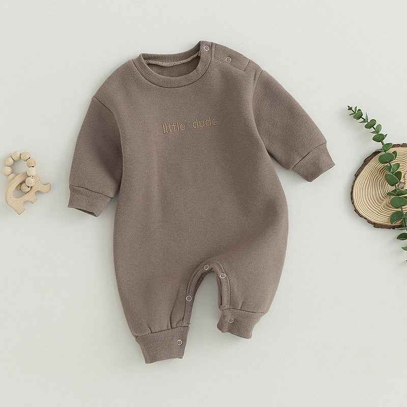 Baby Letter Embroidered "Little Dude" Jumpsuit – Long Sleeve Footless Romper (0–18M)
