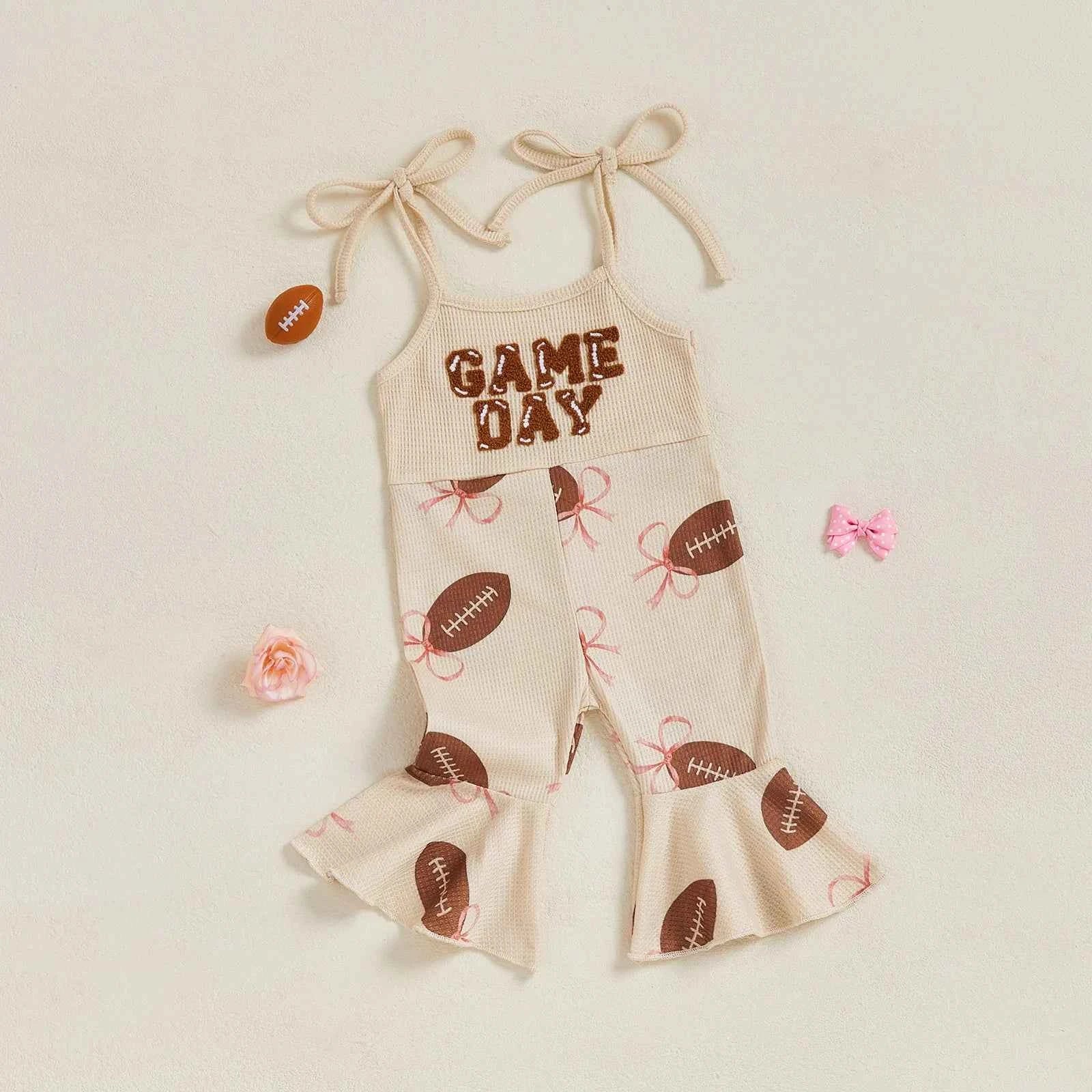 Baby Bell Bottom Jumpsuit – Sleeveless Tie-Up Strap Overalls with Letter Embroidery "Game Day" Print