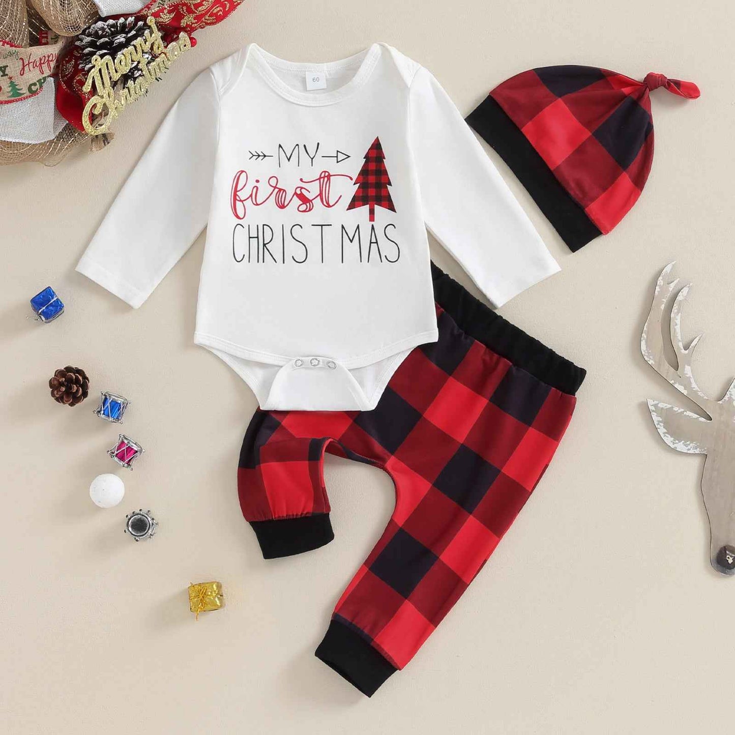 My First Christmas Baby Outfit – 3PCS Romper Set (0–12M)