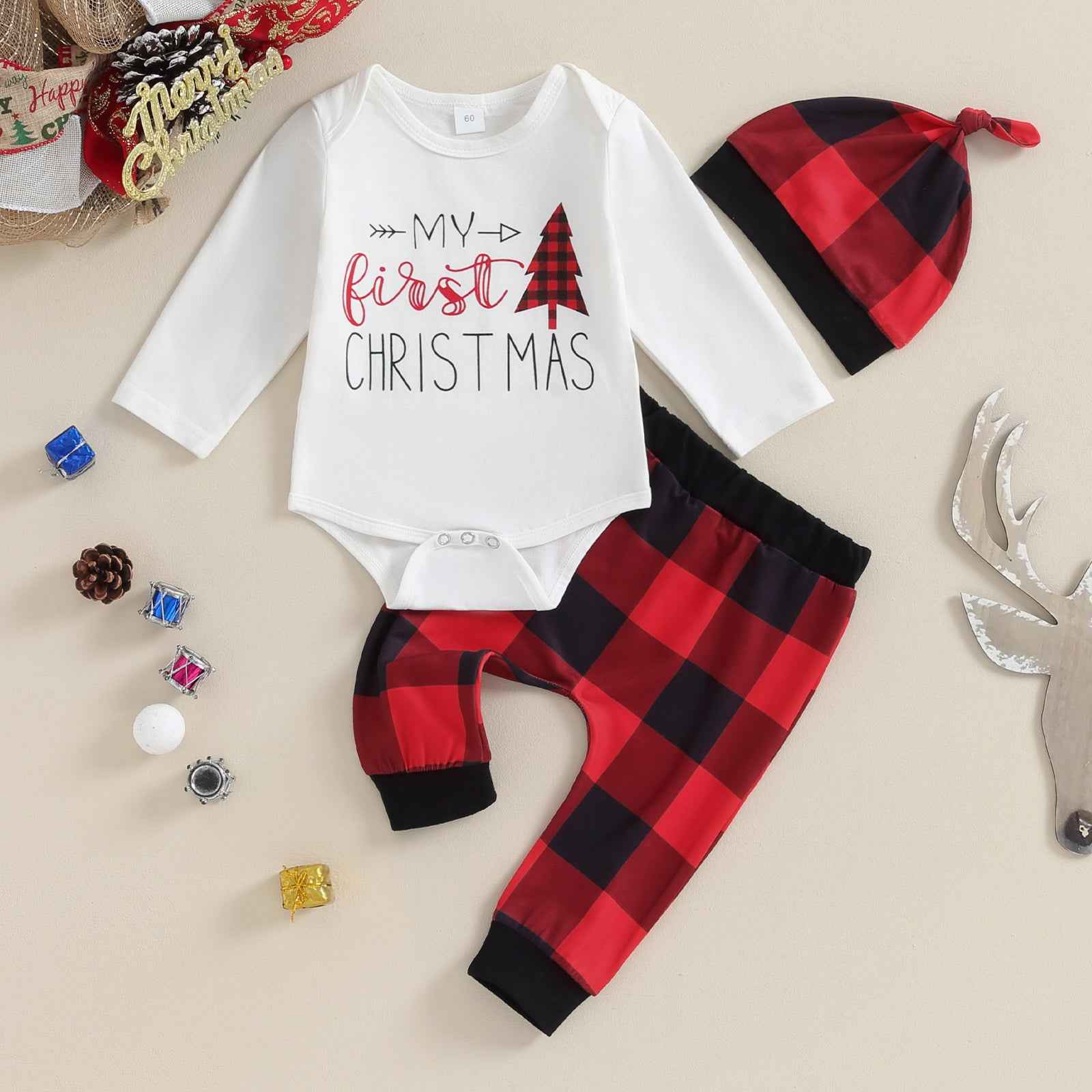 My First Christmas Baby Outfit – 3PCS Romper Set (0–12M)