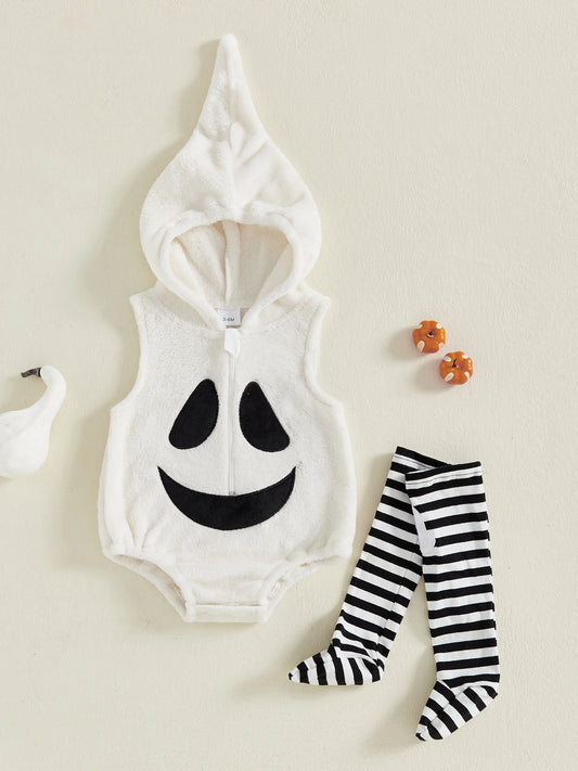 Toddler Halloween Costume – Hooded Ghost Romper with Striped Stockings Outfit