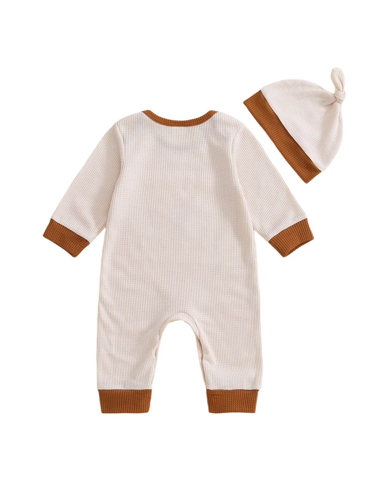 Thanksgiving Jumpsuit – Long Sleeve Round Neck Romper with Turkey Embroidery and Hat