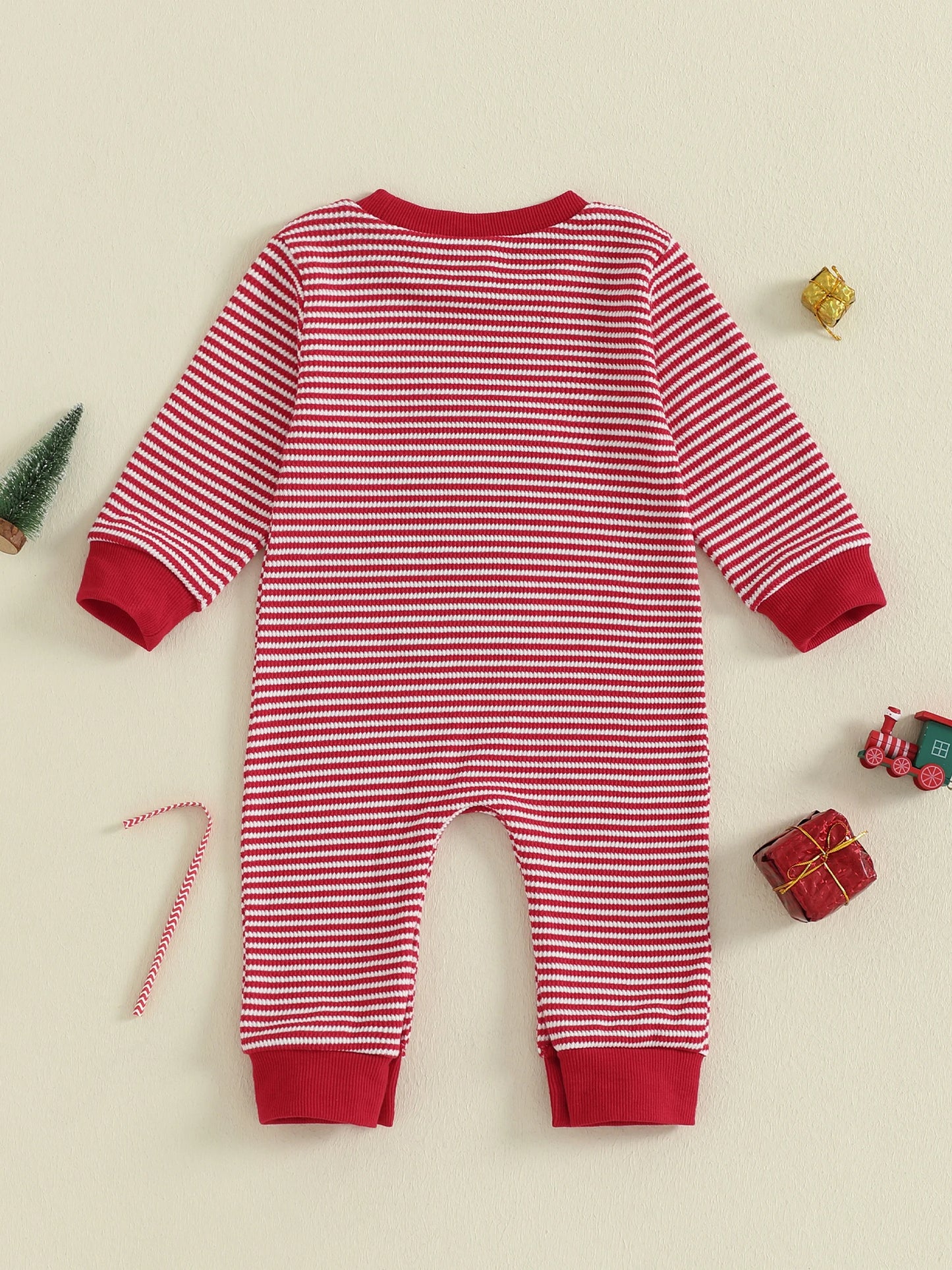 Christmas Jumpsuit – Gingerbread Man Embroidered Long Sleeve Striped Romper