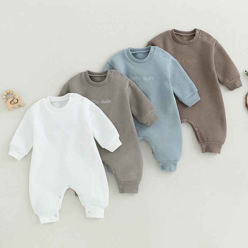 Baby Letter Embroidered "Little Dude" Jumpsuit – Long Sleeve Footless Romper (0–18M)