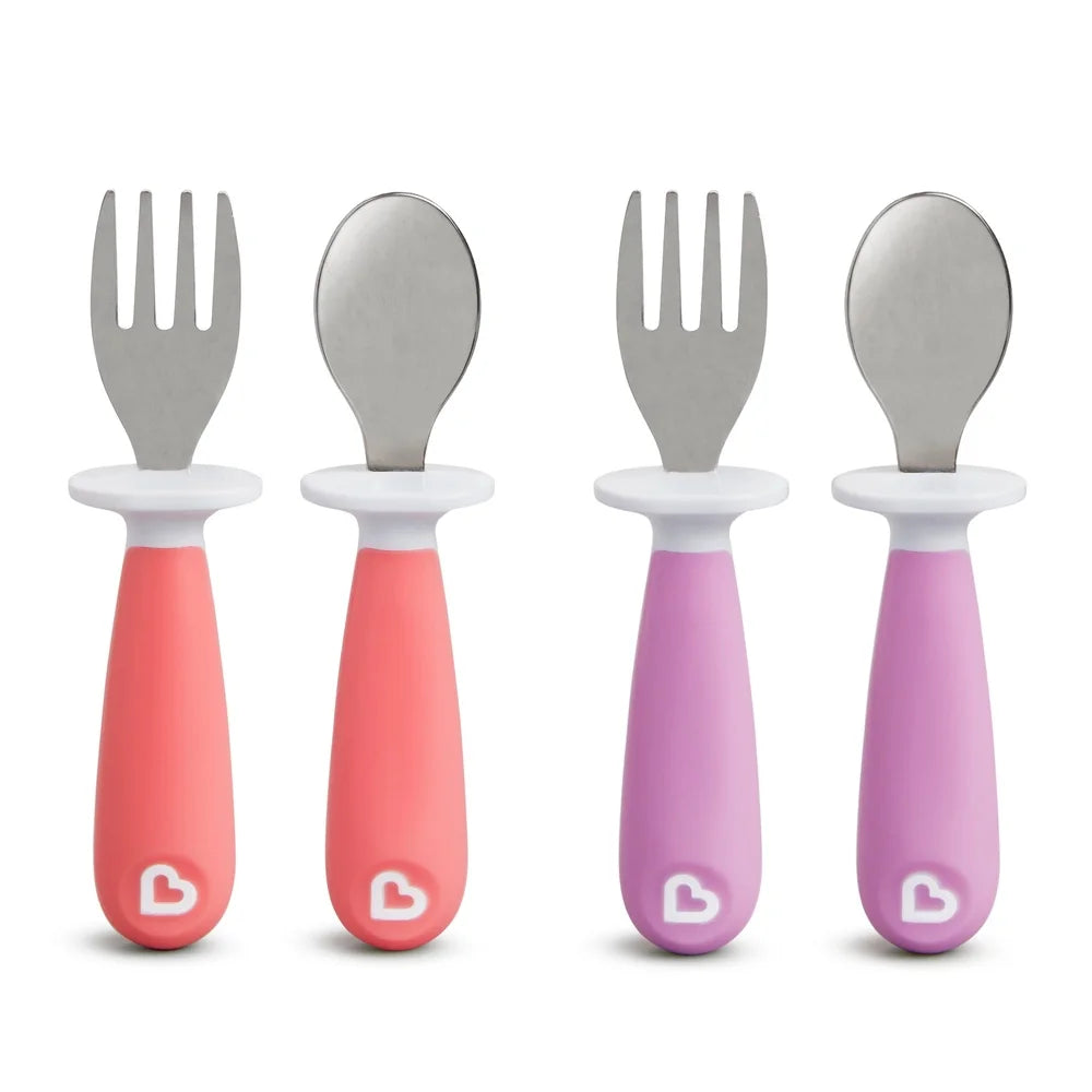 Ergonomic Toddler Fork & Spoon Set – 4-Pack BPA-Free Self-Feeding Utensils with Base for Easy Clean Mealtime, 12+ Months