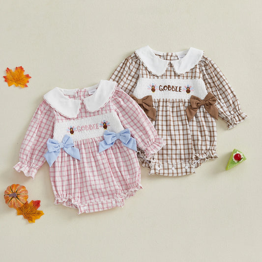 Baby Girl Thanksgiving Romper – Long Sleeve Plaid Jumpsuit with Doll Collar & Turkey Embroidery