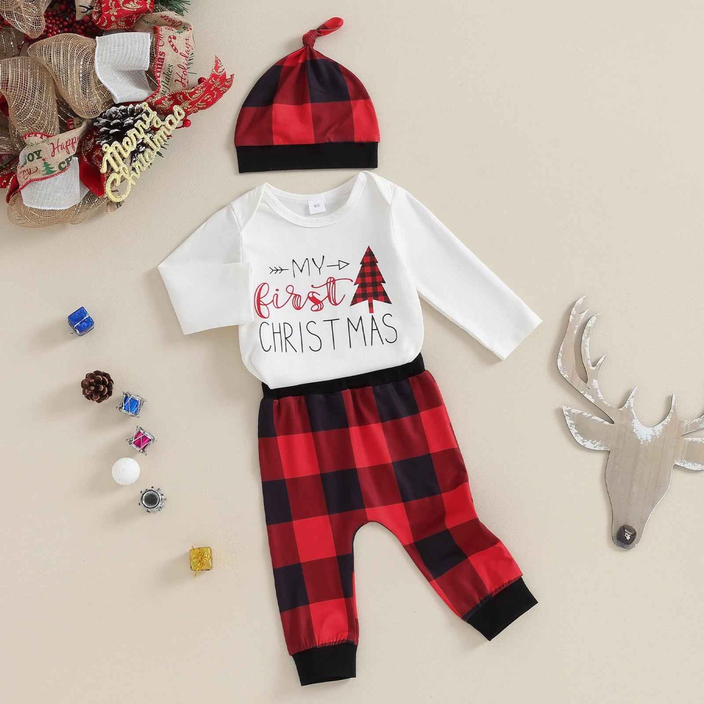 My First Christmas Baby Outfit – 3PCS Romper Set (0–12M)