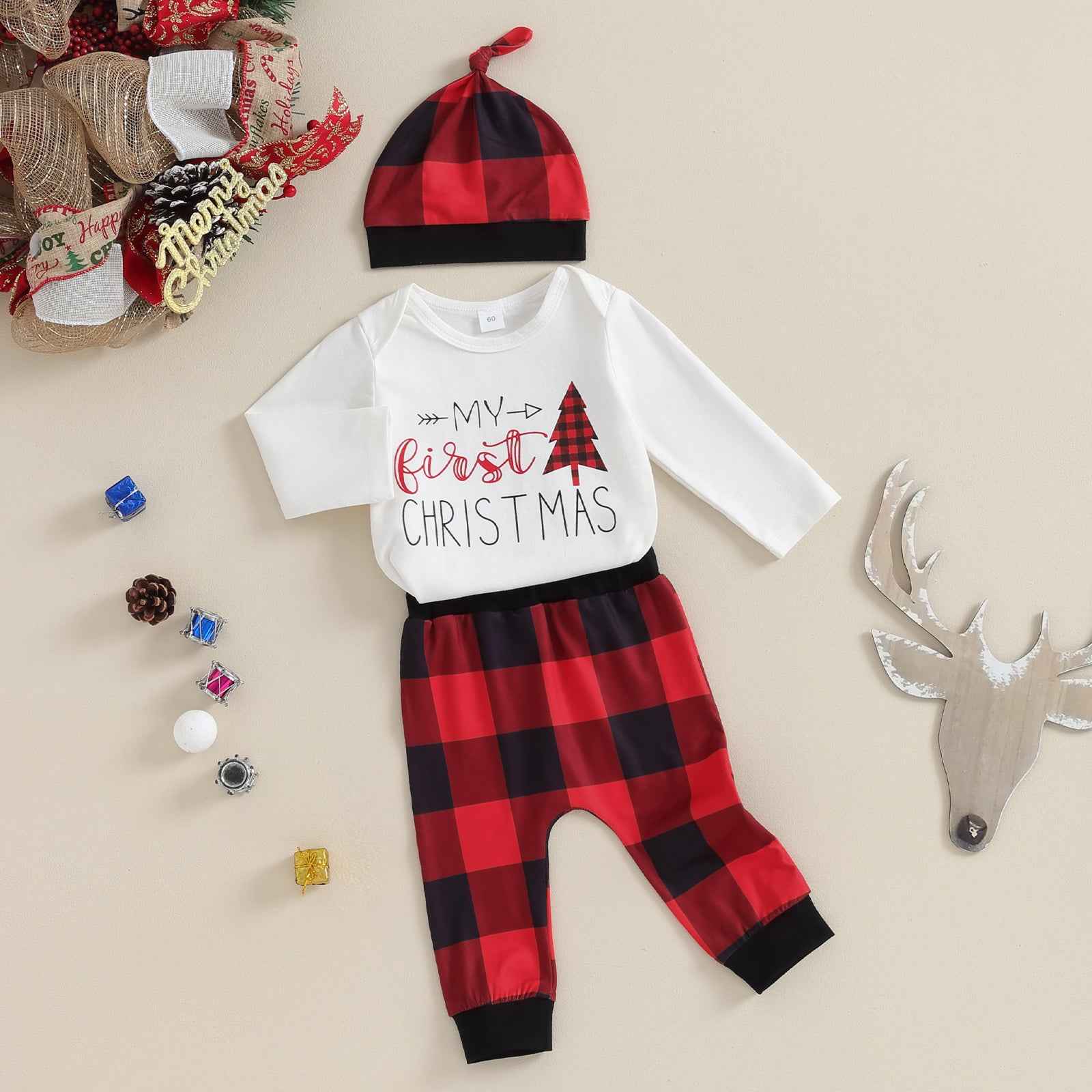 My First Christmas Baby Outfit – 3PCS Romper Set (0–12M)