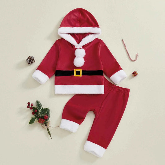 Baby Santa Claus Outfit – Long Sleeve Hooded Sweatshirt with Pants Christmas Costume Set