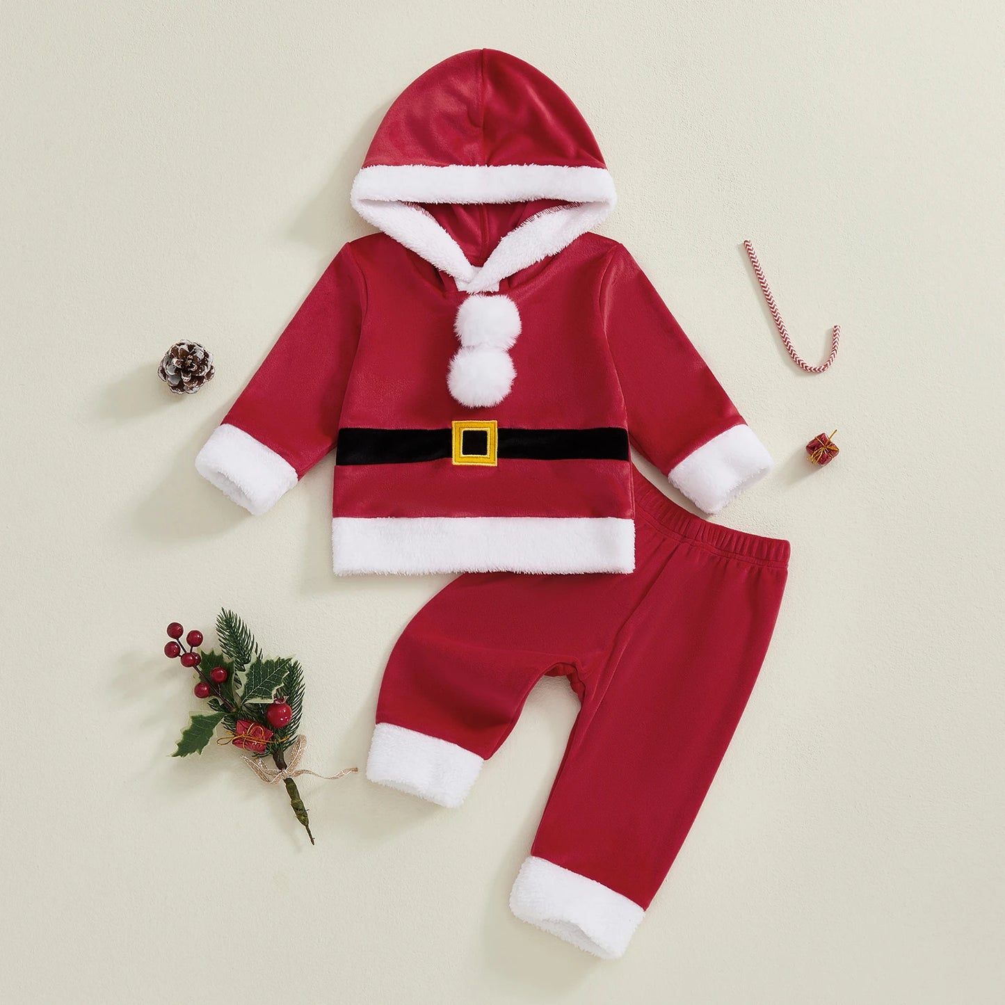 Baby Santa Claus Outfit – Long Sleeve Hooded Sweatshirt with Pants Christmas Costume Set