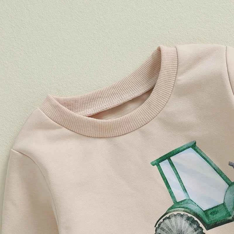 Boys 2PCS Outfit Set – Long Sleeve Letter Tractor Print Top and Solid Pants