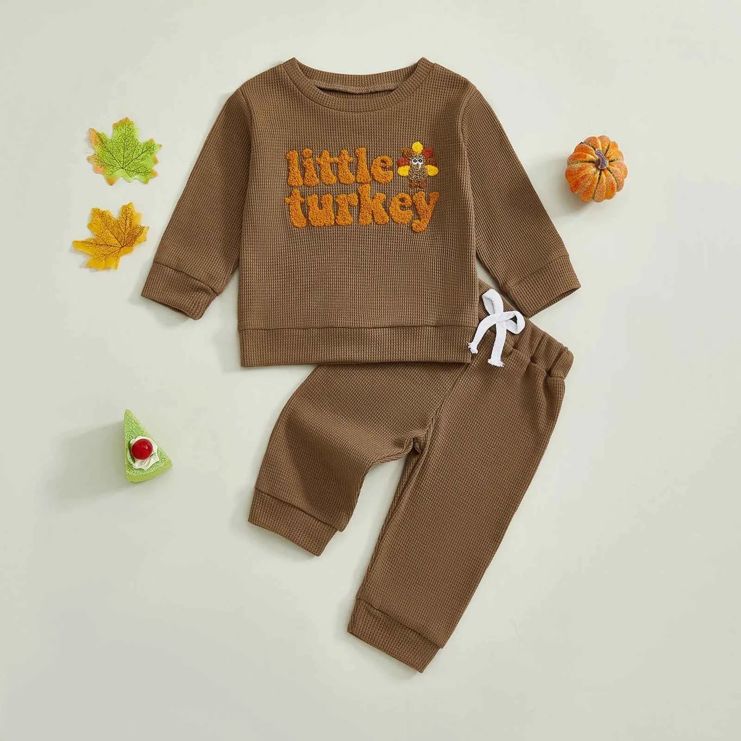 Thanksgiving Outfit – Turkey Letter Embroidery Pullover & Elastic Waist Waffle Pants  (2Pcs Set )