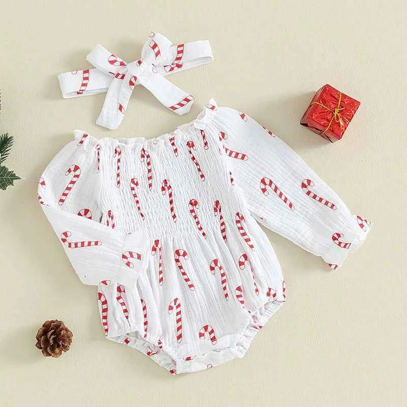 Baby Christmas Romper Set – Smocked Candy Cane Print Long Sleeve Bodysuit with Headband (2Pcs)