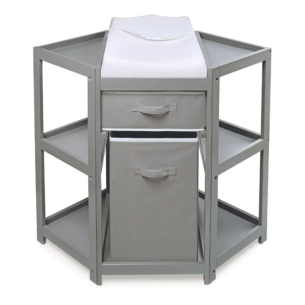 Corner Baby Changing Table – Space-Saving Nursery Diaper Station with Storage Bin, Changing Pad & Safety Belt