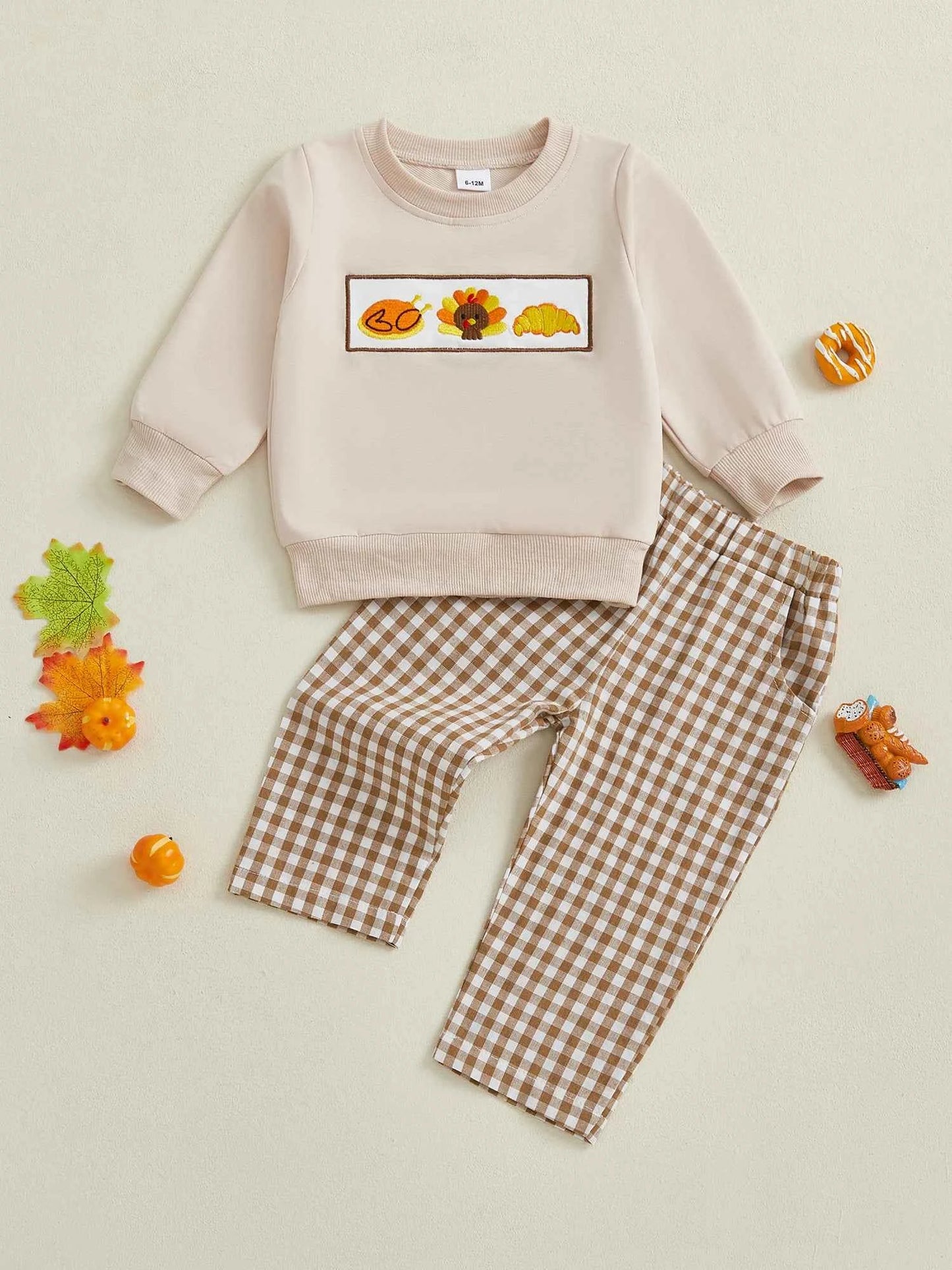 Thanksgiving Outfit – Pumpkin Turkey Sweatshirt & Plaid Elastic Waist Pants Set